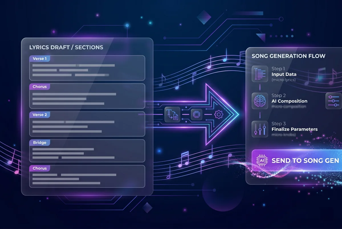 Create lyrics first — Draft verses, hooks, and choruses first, then send them straight into song generation.
